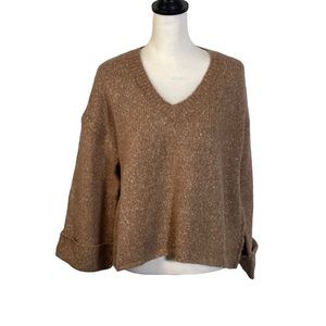 Anthropologie Brown White Speckled V Neck Knit Long Sleeve Sweater XS